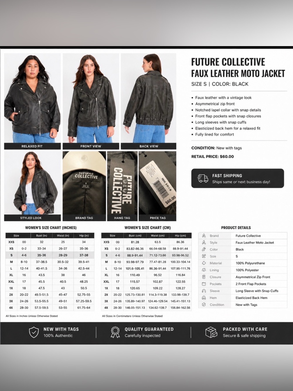 Future Collective Black Faux Leather Bomber Jacket size small
